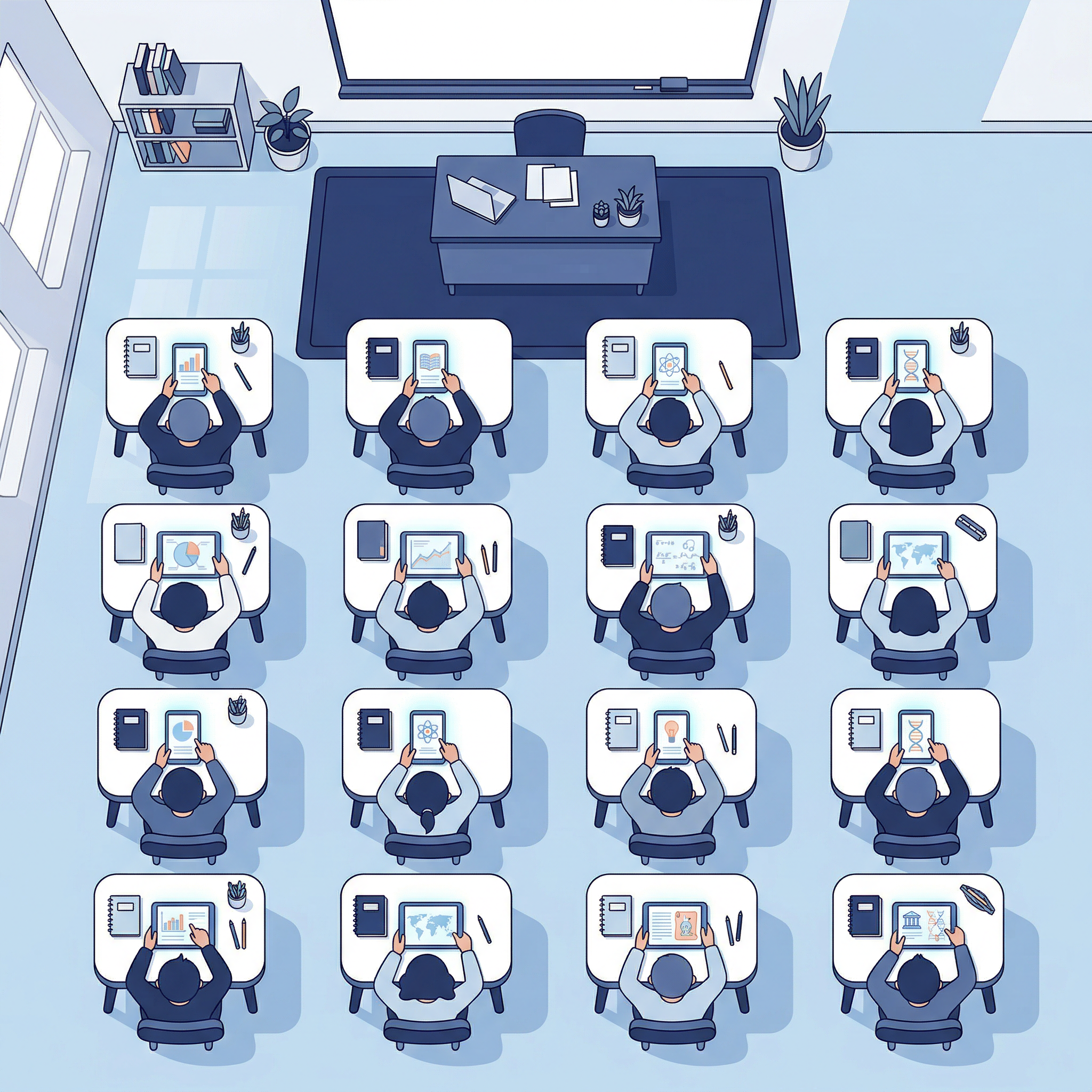 Overhead view of a classroom where students use tablets and phones showing educational content